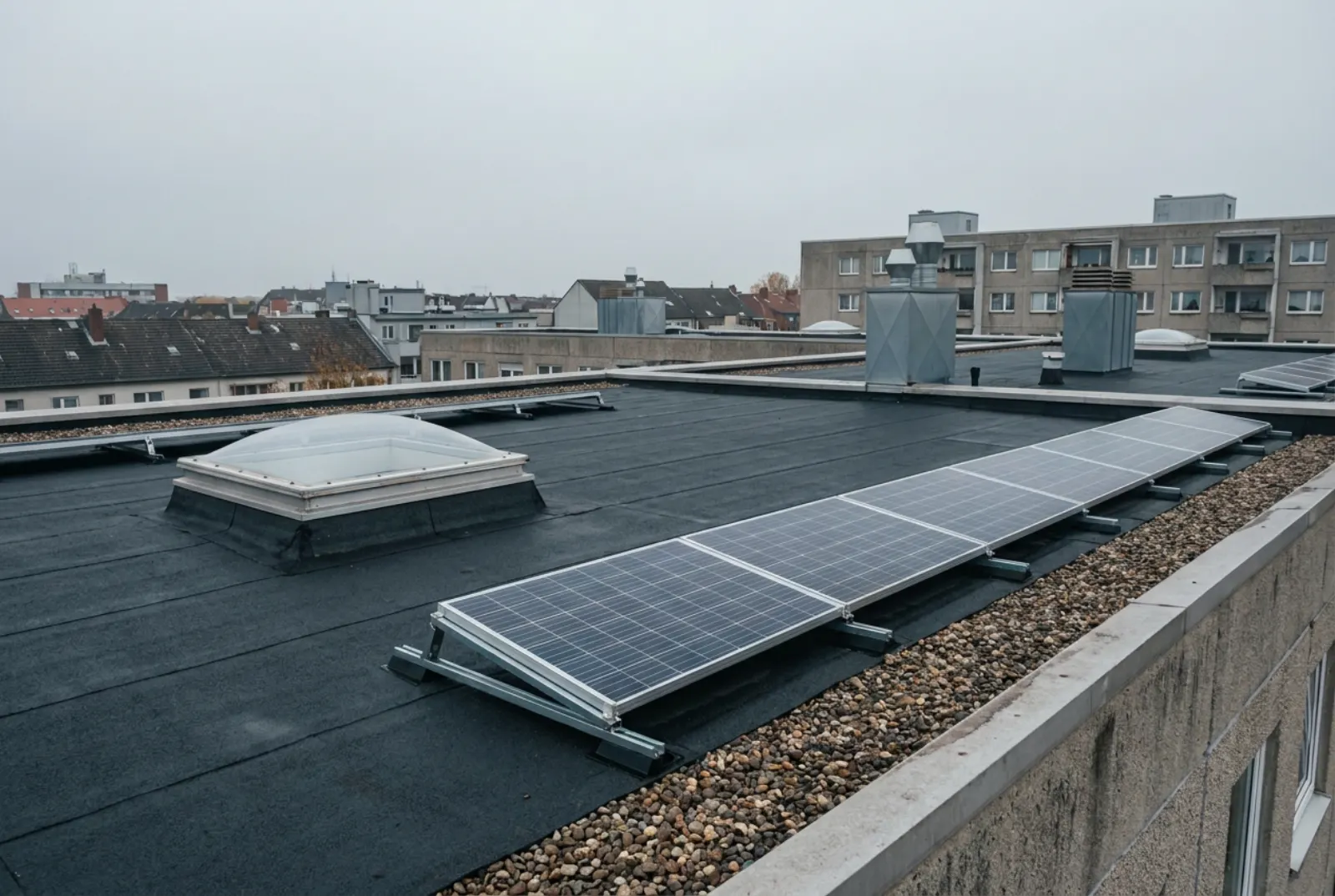 Flachdach mit neuer Bitumenabdichtung, Lichtkuppel und einer Reihe Solarmodule, am Rand ein Kiesstreifen