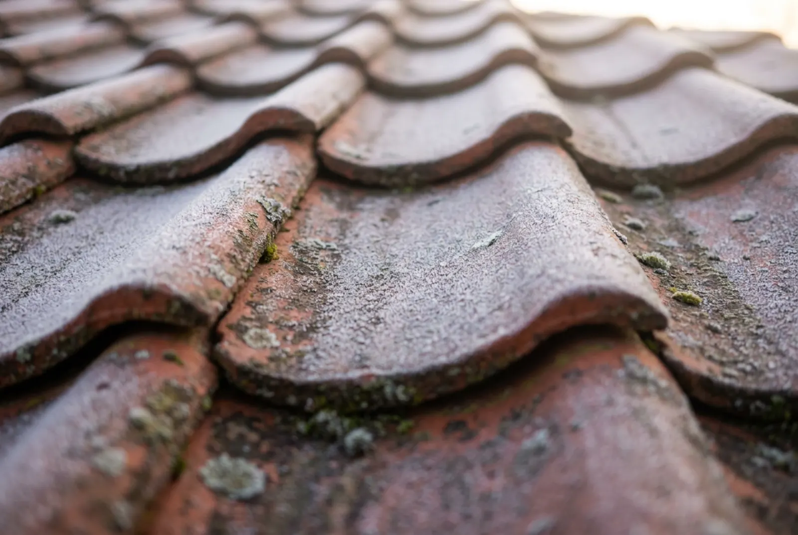 Nahaufnahme sich überlappender roter Tonziegel mit einem Hauch Raureif