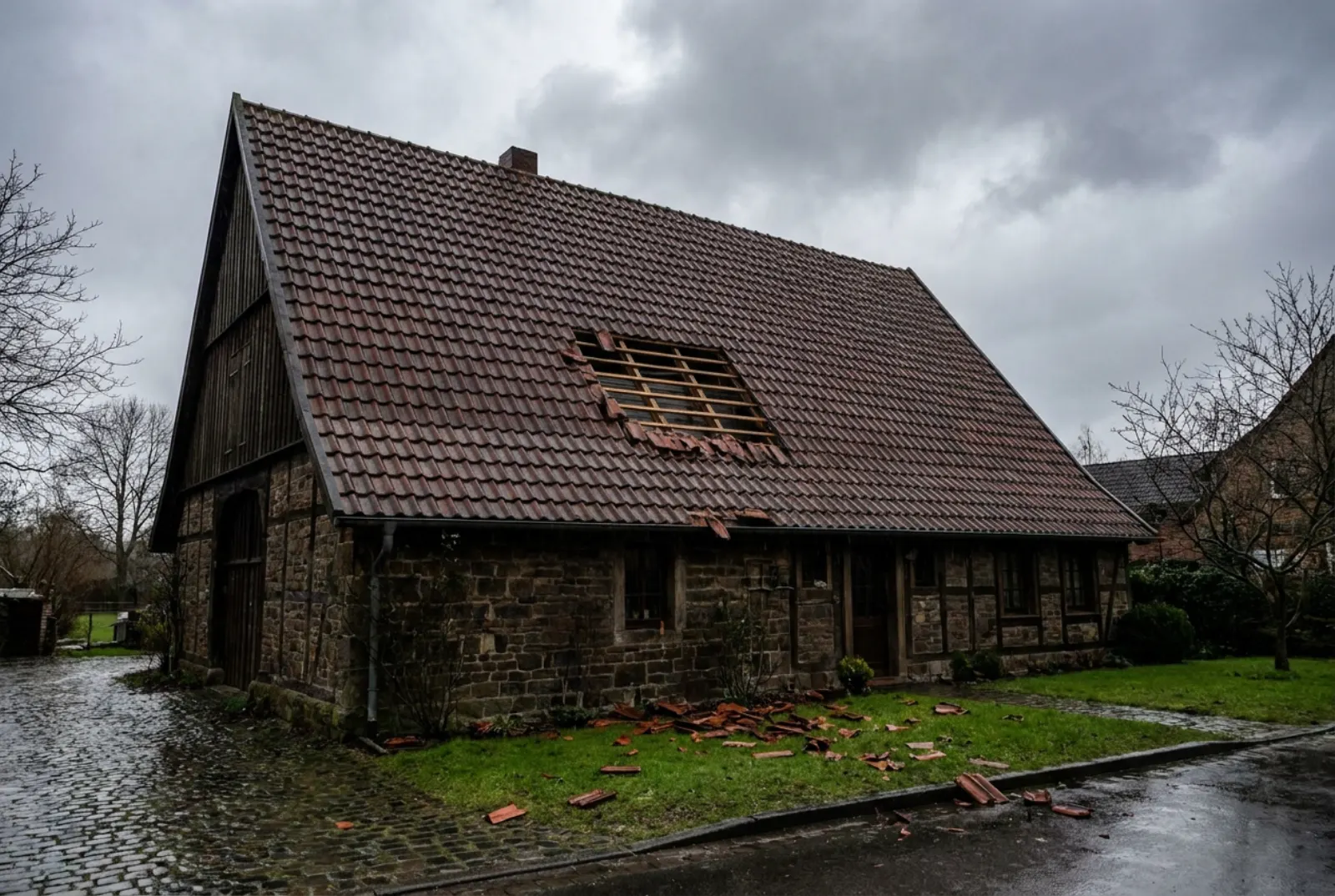 Ziegeldach nach einem Sturm mit einer Lücke in der Deckung, darunter Ziegelbruch im nassen Vorgarten
