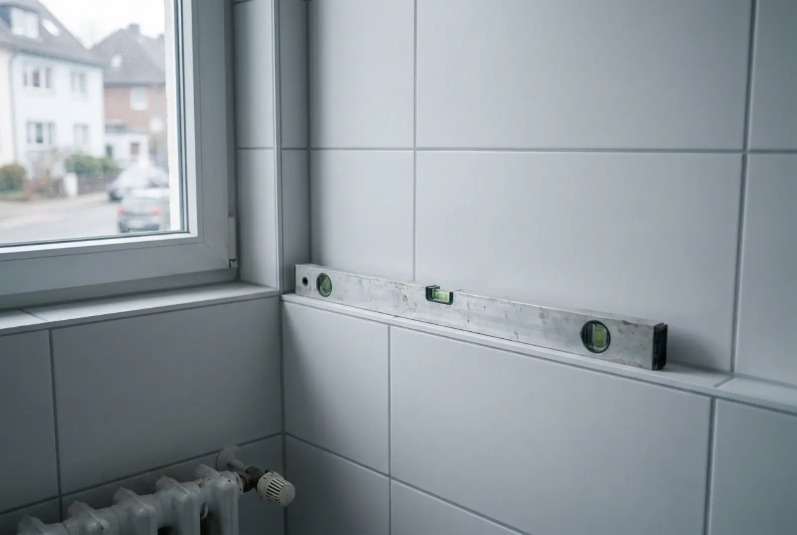Geflieste Badwand mit geraden Fugen, auf einer Ablage liegt eine Wasserwaage