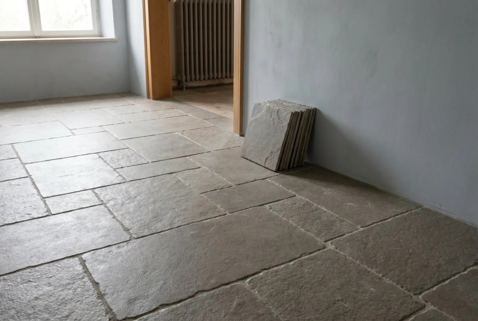 Flurboden mit frisch verlegtem Naturstein in warmen Grautönen, an der Wand ein kleiner Stapel Restplatten