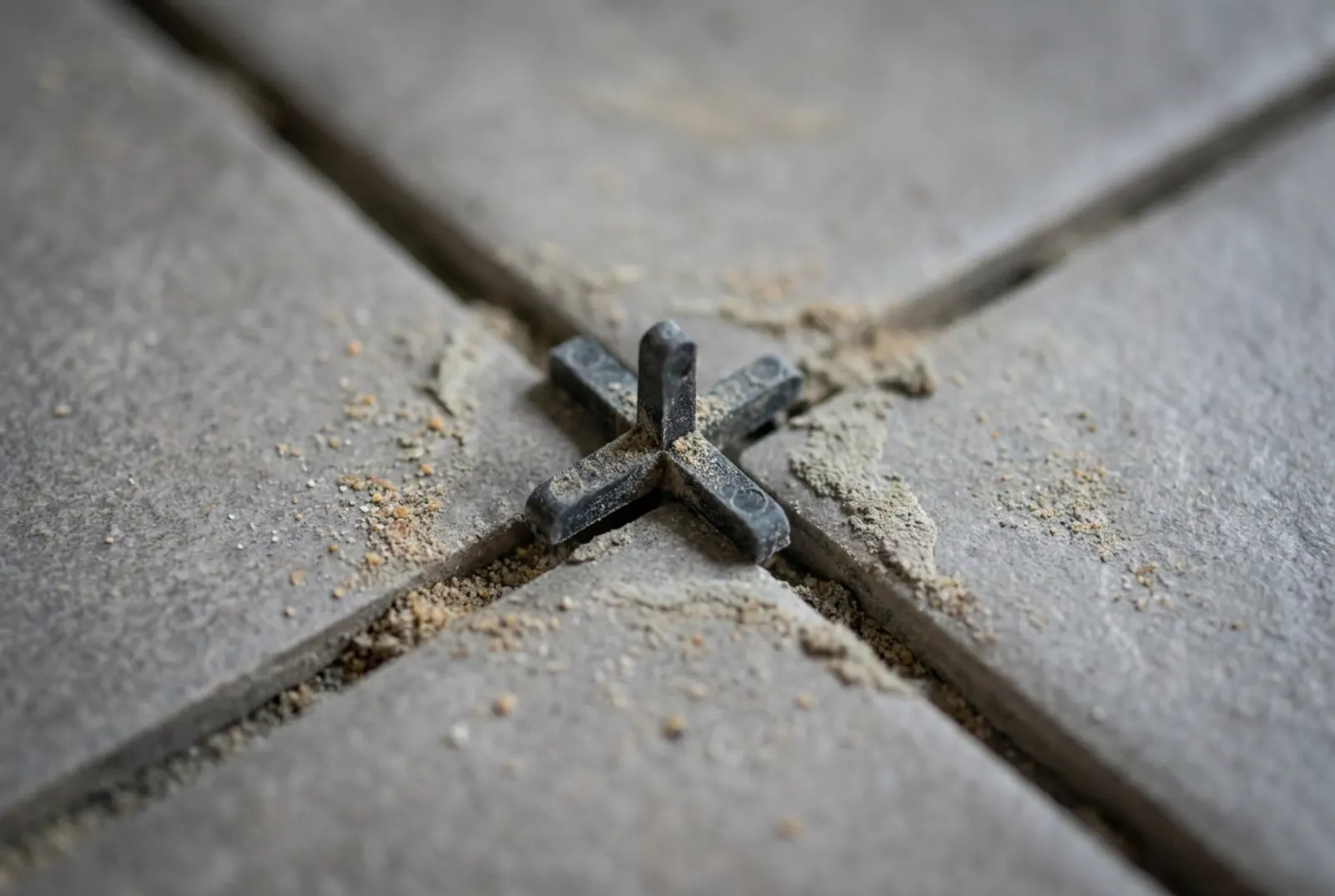 Nahaufnahme einer exakten Kreuzfuge zwischen vier matten grauen Fliesen mit einem Fliesenkreuz
