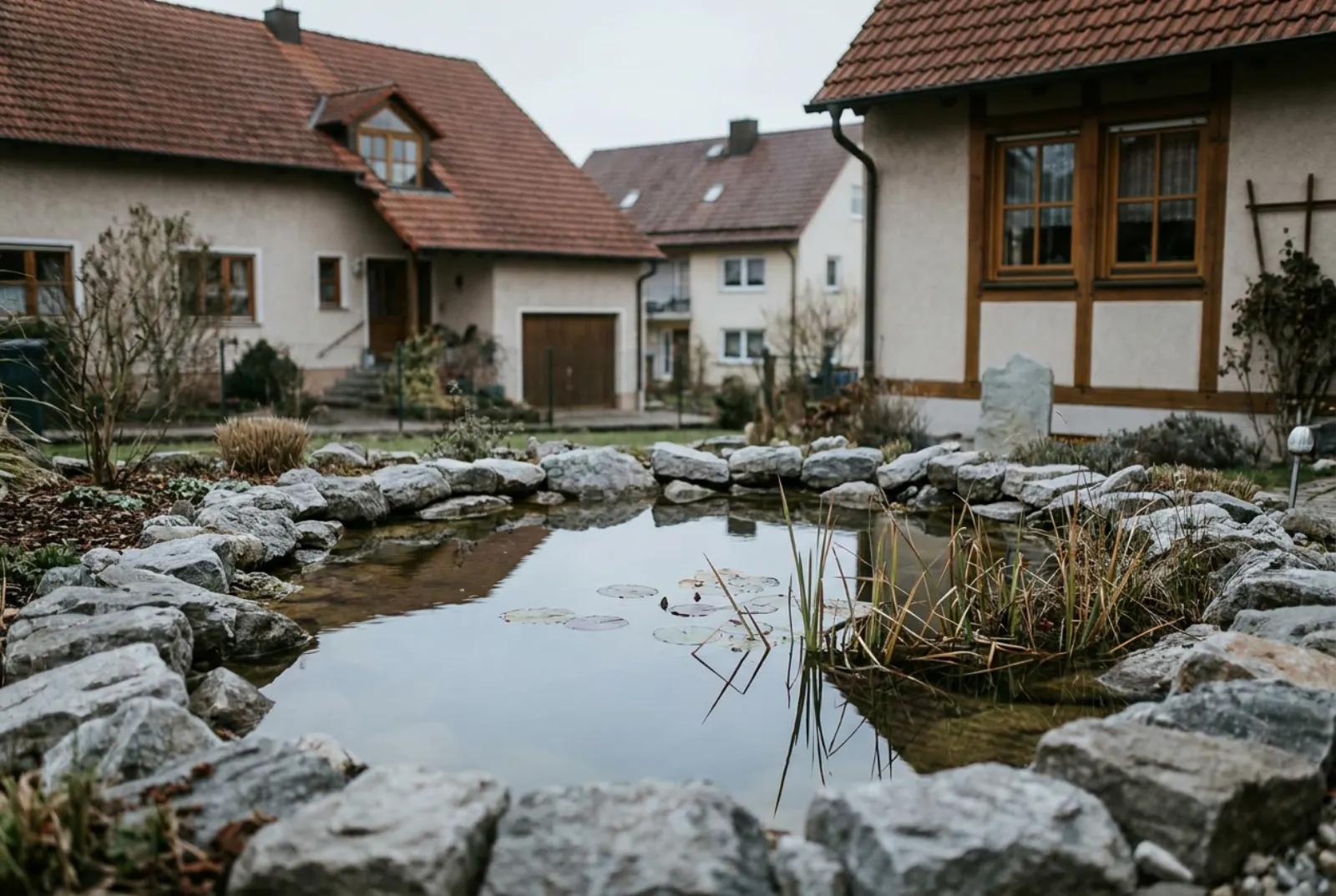 Kleiner Gartenteich mit Natursteinrand und Wasserpflanzen, ruhige Wasseroberfläche