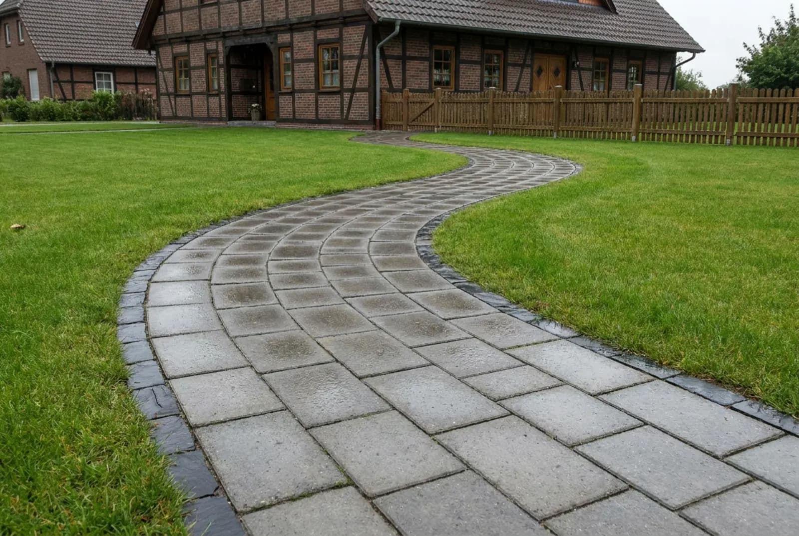 Frisch gepflasterter Gartenweg aus grauen Betonsteinen mit sauberer Randeinfassung am Rasen
