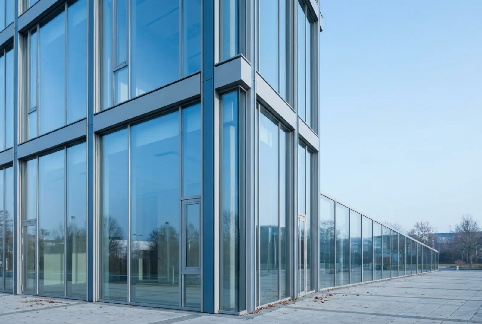 Große Glasfassade eines Bürogebäudes mit streifenfreien Scheiben, in denen sich der klare Himmel spiegelt