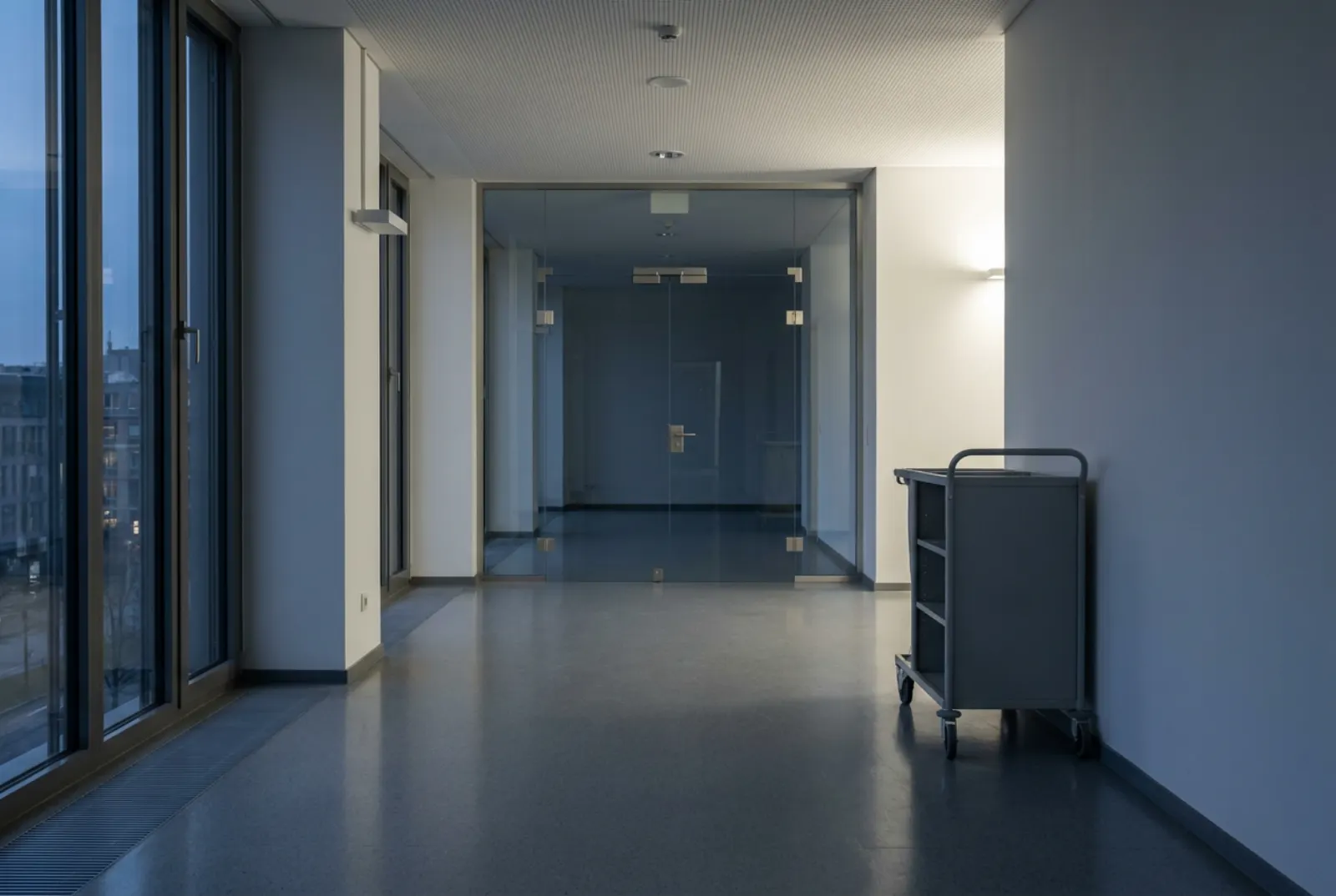 Sauberer Büroflur mit glänzendem grauem Boden, geschlossener Glastür und leerem Reinigungswagen am Abend
