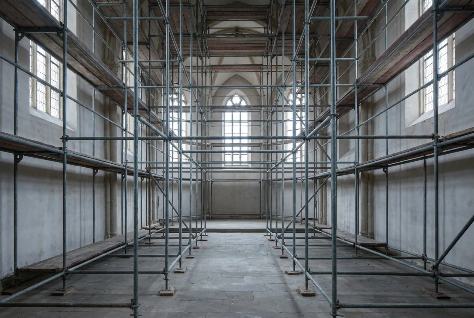 Hohes Raumgerüst aus Stahlrohren und Holzbohlen im leeren Kirchenschiff, Licht aus hohen Fenstern