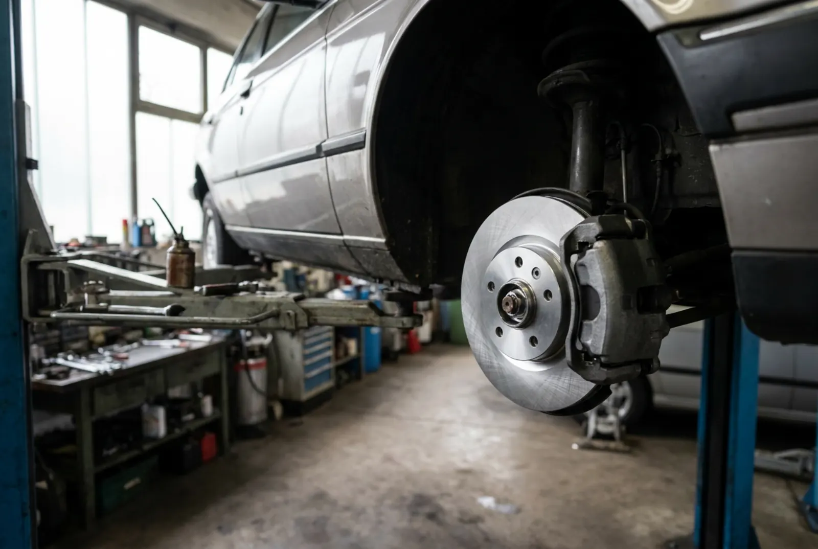 Angehobenes Auto ohne Vorderrad, sichtbar sind eine neue Bremsscheibe und der Bremssattel