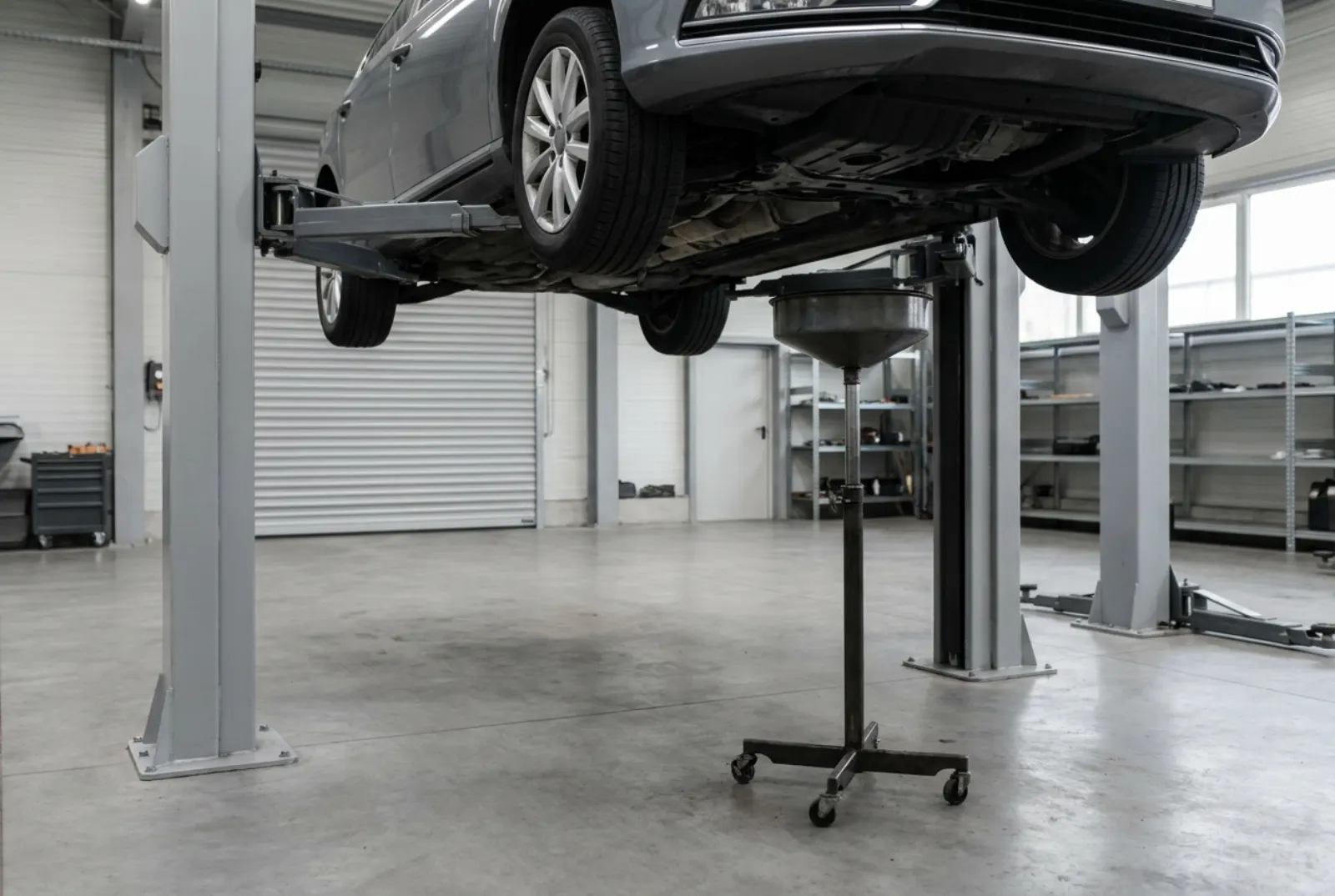 Auto auf einer Hebebühne in einer aufgeräumten Werkstatt, darunter eine Ölauffangwanne