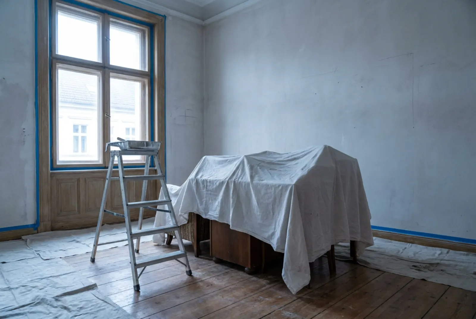 Zum Streichen vorbereiteter Raum, Möbel unter Abdeckplanen in der Mitte, abgeklebte Fensterrahmen und eine Stehleiter mit Farbwanne