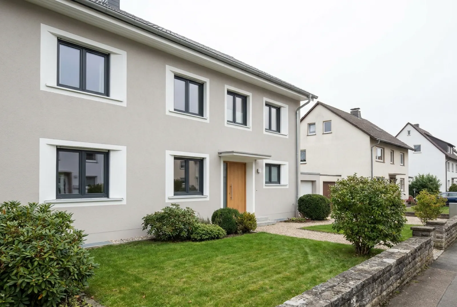 Frisch hellgrau gestrichene Fassade eines Einfamilienhauses mit weißen Fensterlaibungen, vom Garten aus gesehen