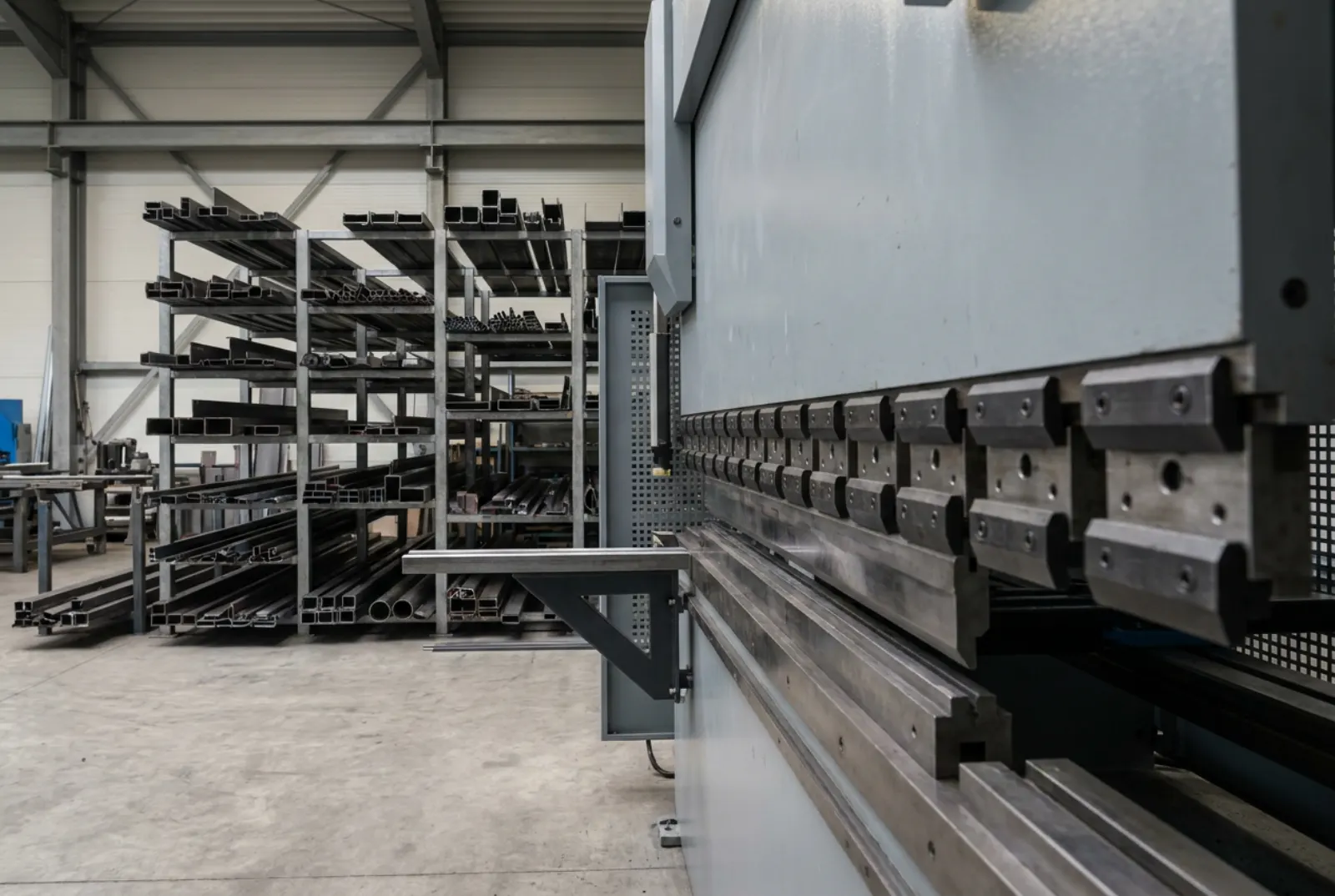 Abkantpresse in einer Metallwerkstatt mit Biegewerkzeug im Fokus, dahinter Regale mit Stahlprofilen