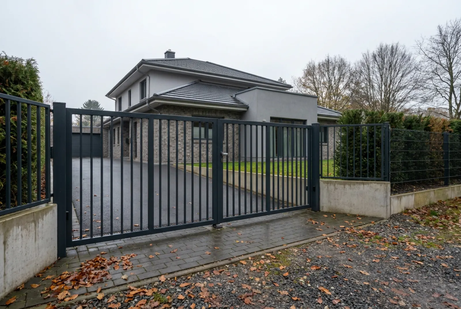 Geschlossenes anthrazitfarbenes Stahltor mit Zaun an der Einfahrt eines Einfamilienhauses