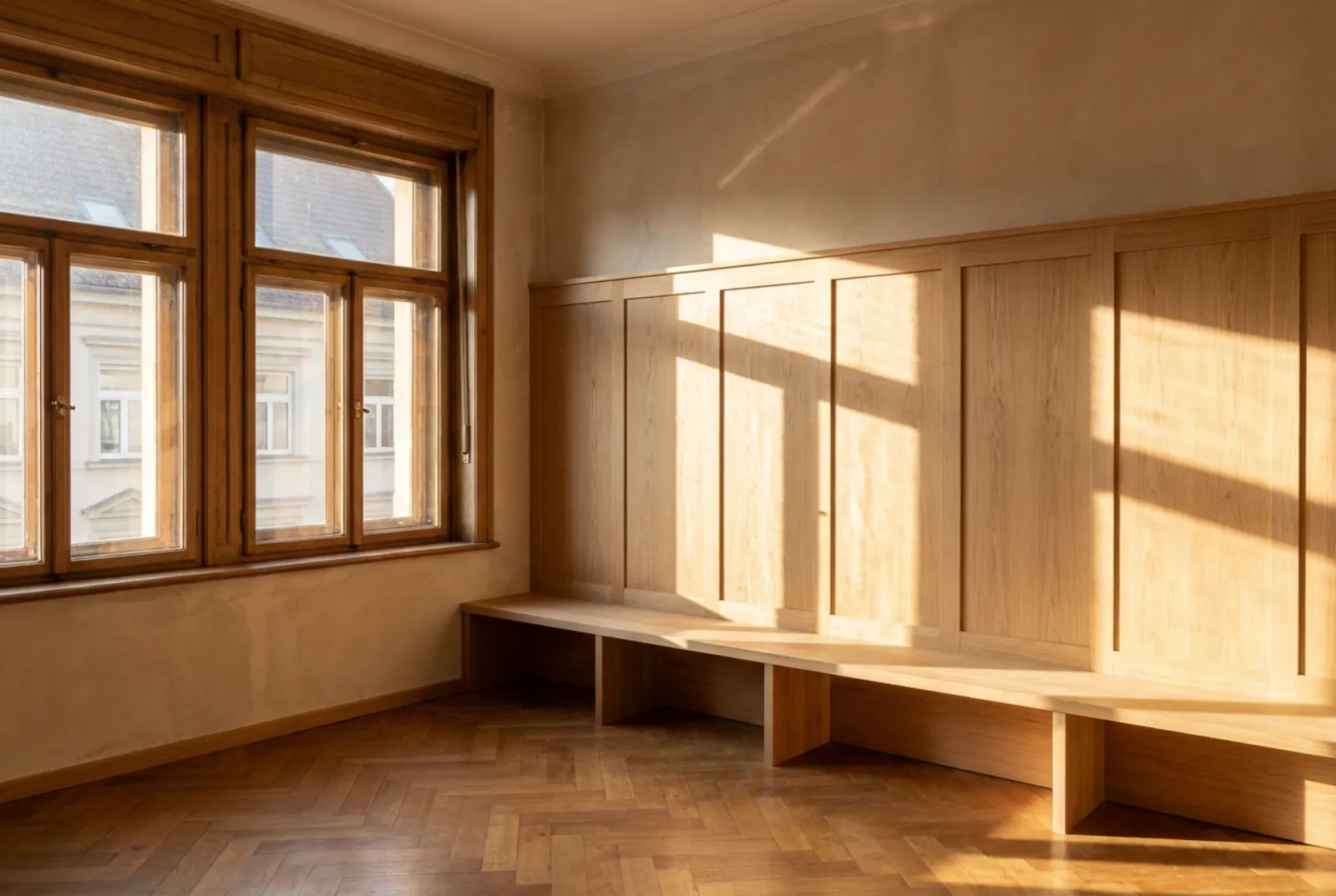 Frisch eingebaute Wandvertäfelung aus Eiche mit eingebauter Sitzbank in einem Wohnzimmer