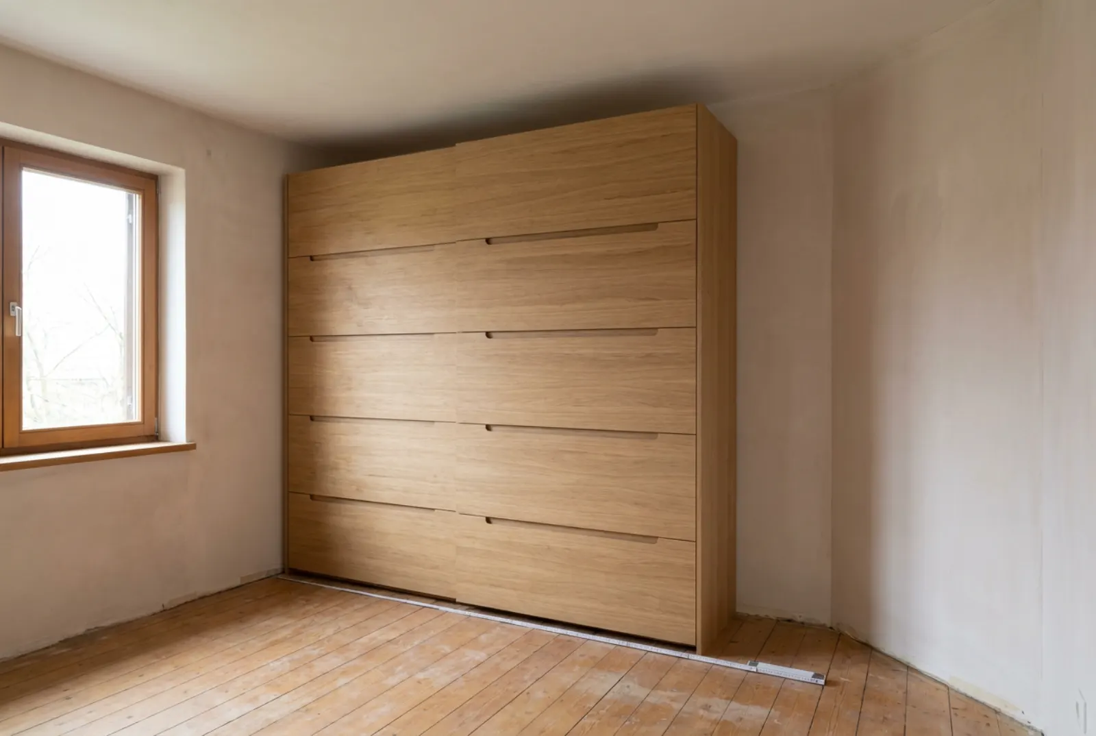 Großer Schrank mit Eichenfronten und Griffmulden in einem leeren Zimmer mit Holzdielen, seitliches Tageslicht