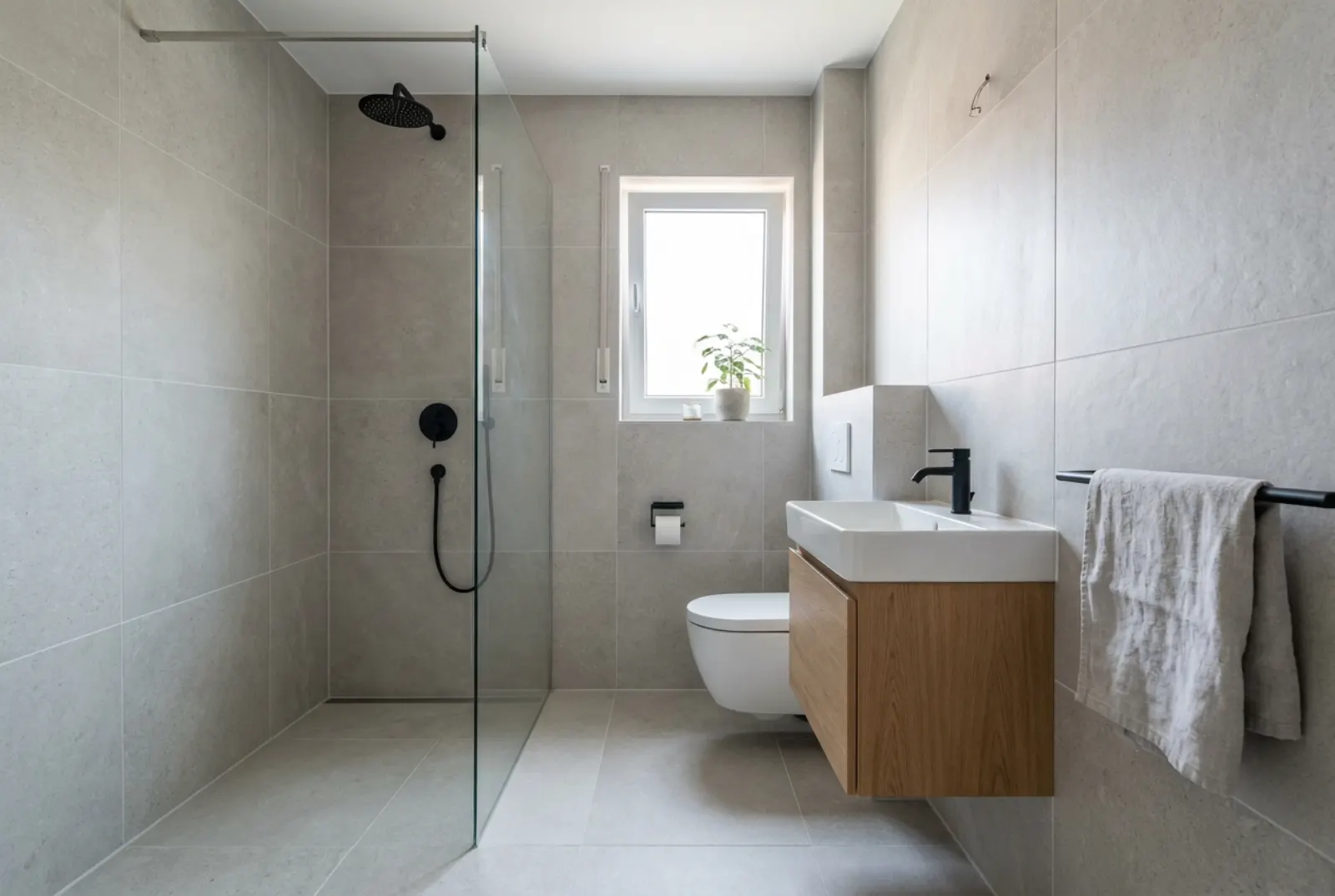 Frisch saniertes kleines Bad mit bodengleicher Dusche, grauen Fliesen und Waschtisch aus Eiche