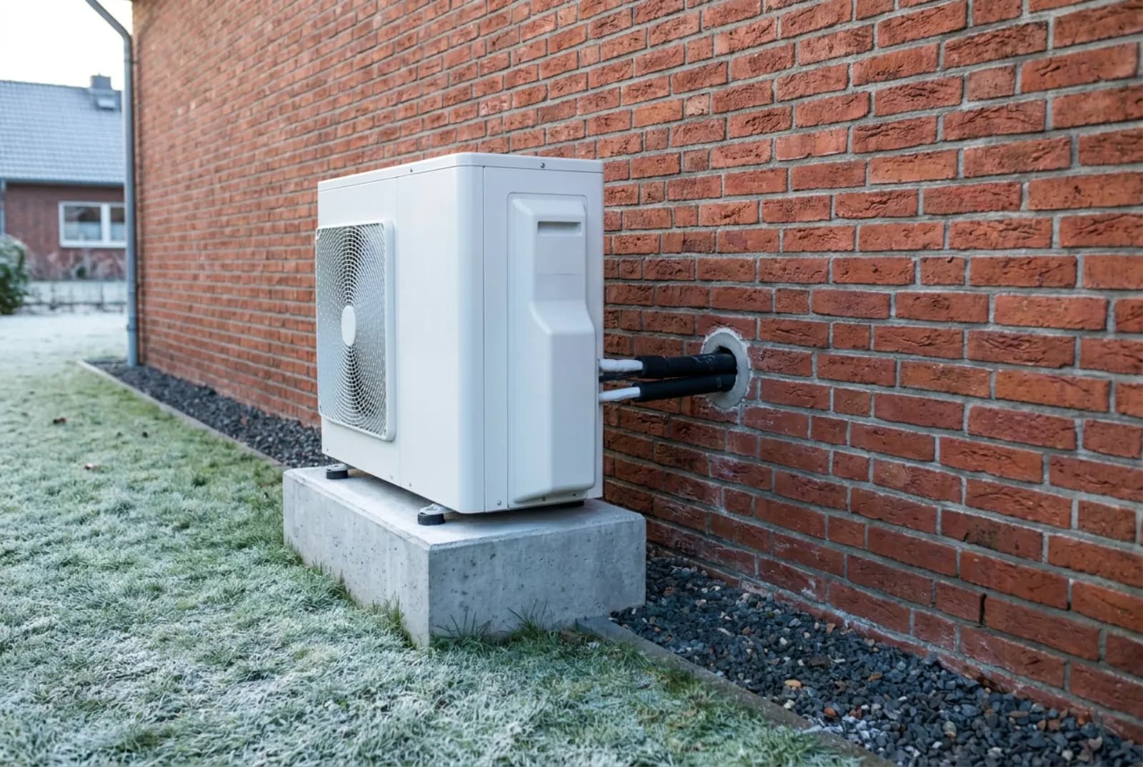 Neu installierte Luft-Wasser-Wärmepumpe auf einem Betonsockel neben der Klinkerwand eines älteren Hauses