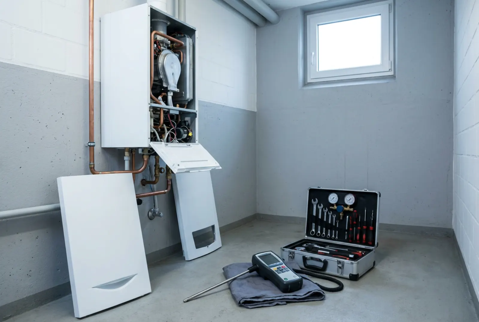 Gasbrennwertgerät mit abgenommener Verkleidung im Heizungsraum, davor ein Messgerät und ein offener Werkzeugkoffer