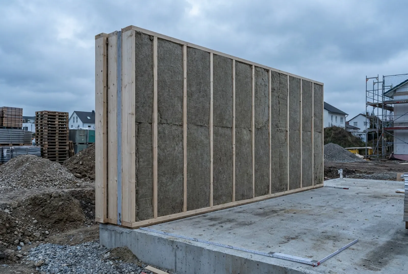 Vorgefertigtes Wandelement in Holzrahmenbauweise mit Dämmung zwischen den Ständern auf einer Bodenplatte