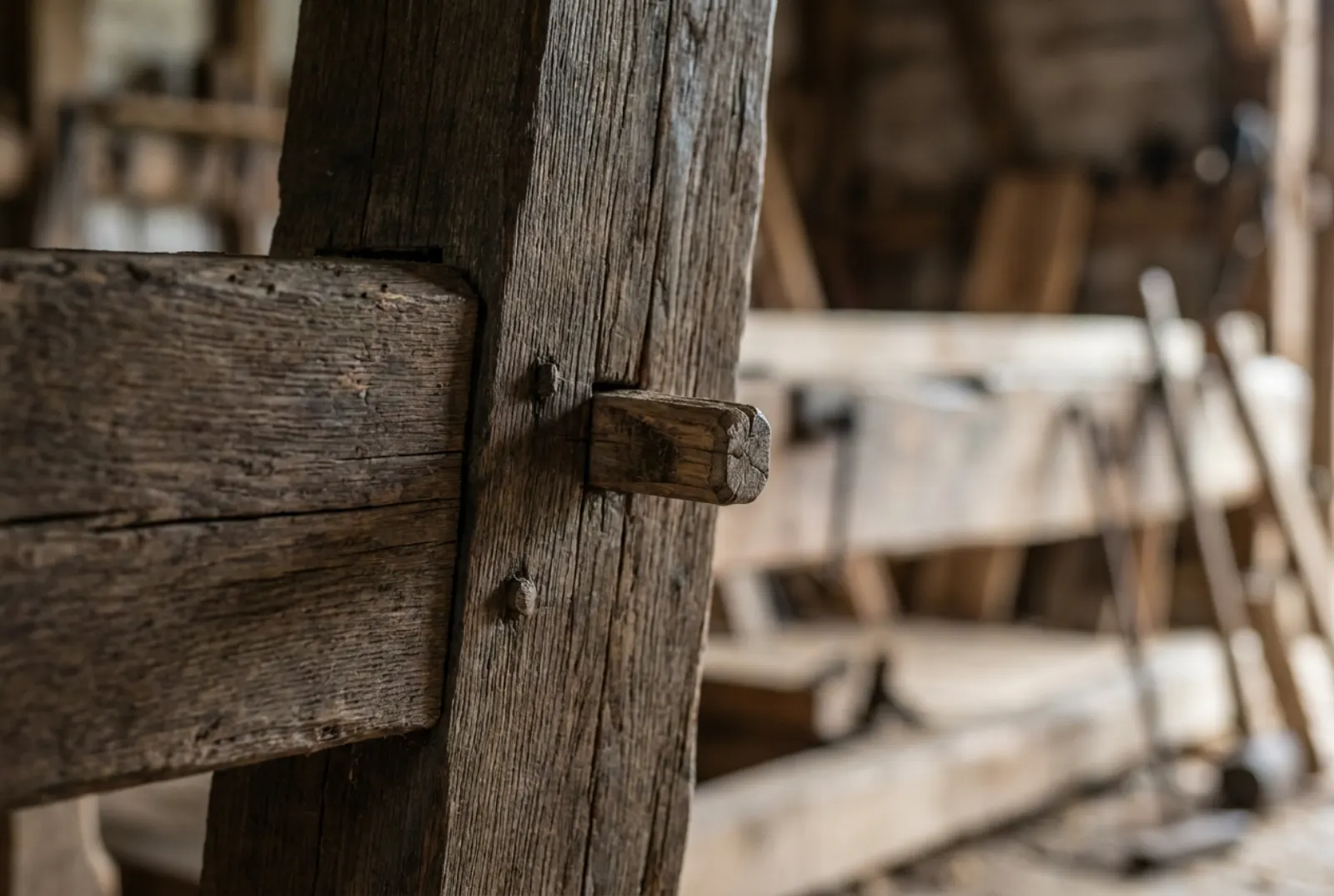 Nahaufnahme einer Zapfenverbindung in einem dunklen Eichenbalken mit Holznagel