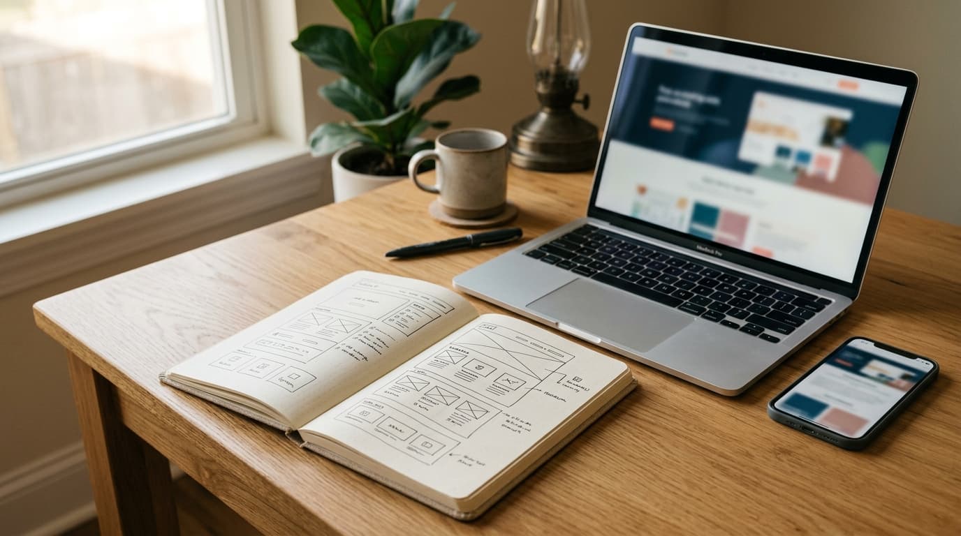 Schreibtisch mit Notizbuch voller Seitenskizzen, Laptop und Smartphone im warmen Fensterlicht