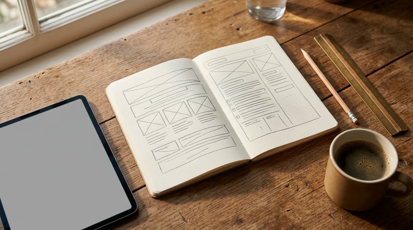 Notizbuch mit handgezeichneten Seitenlayouts neben Tablet, Bleistift und Lineal auf einem Holztisch im Morgenlicht