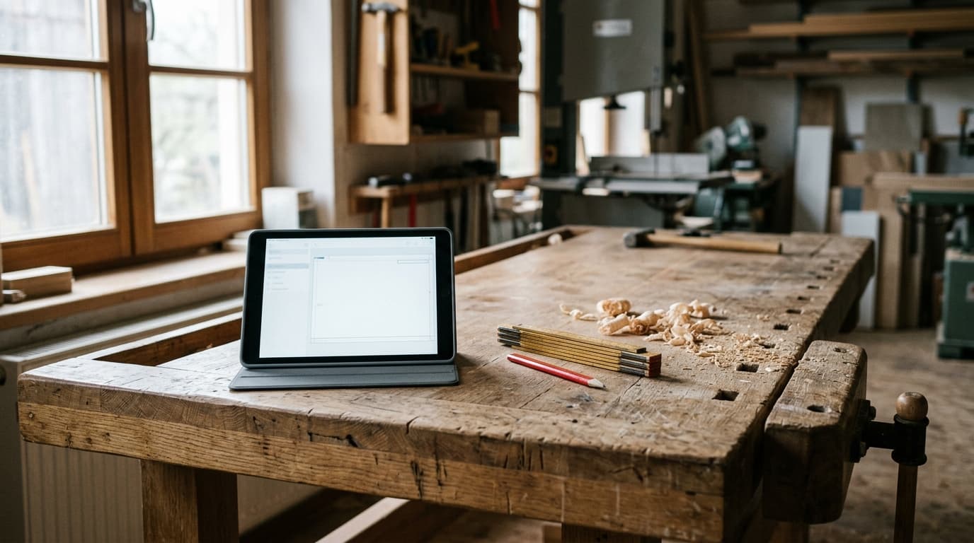 Tablet mit angedeuteter Website-Struktur auf einer Werkbank neben Zollstock, Bleistift und Holzspänen