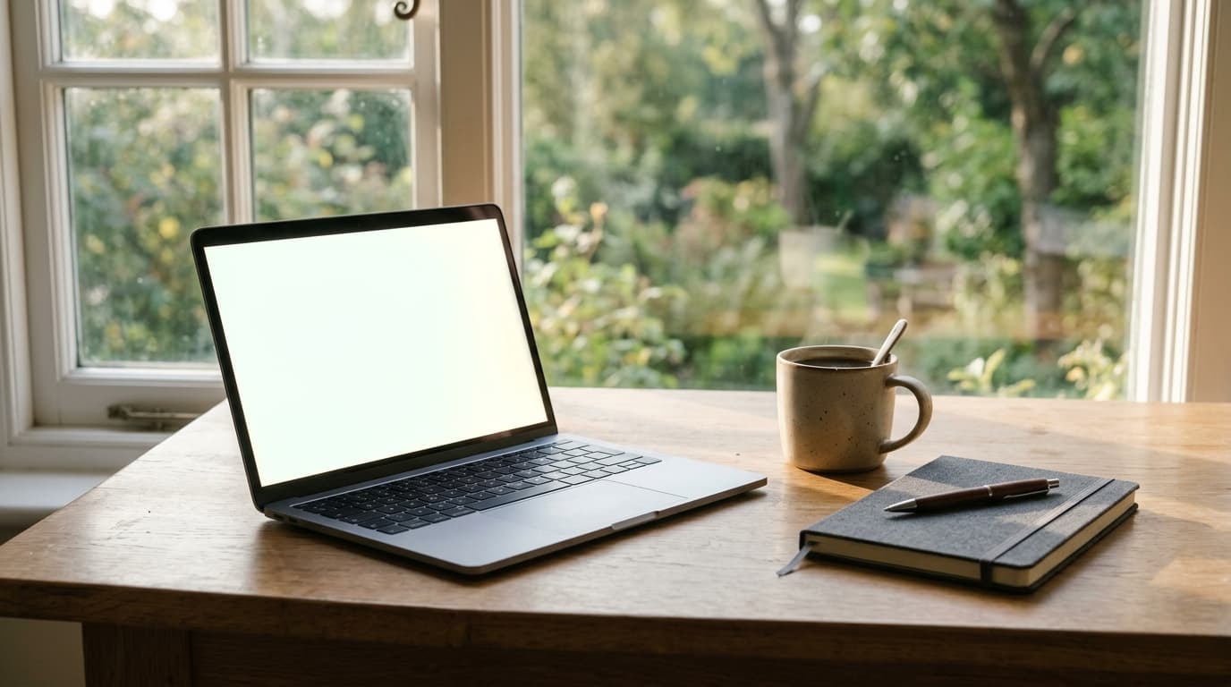 Geöffneter Laptop auf einem Holztisch am Fenster, daneben Kaffeetasse und Notizbuch im Morgenlicht