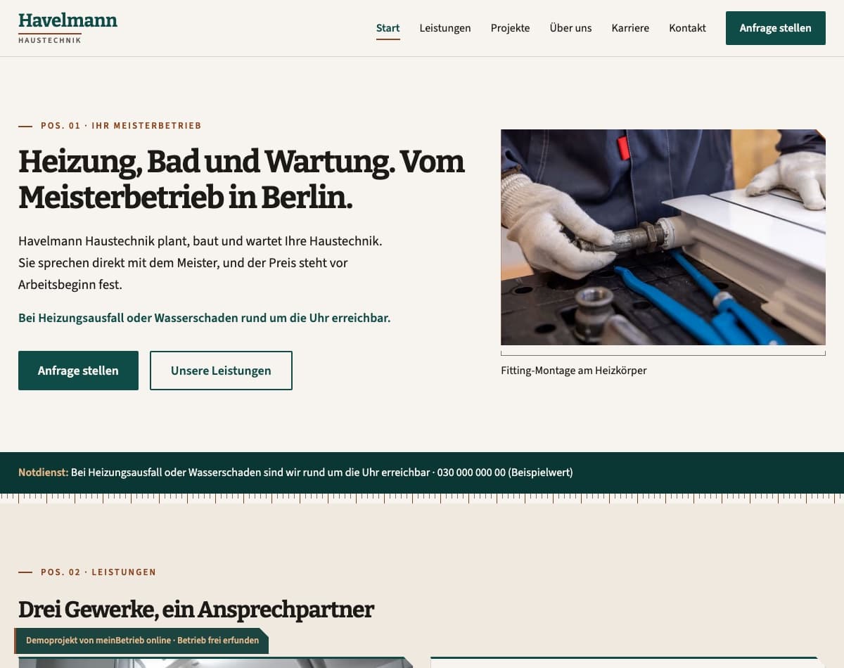 Startseite des Demoprojekts Havelmann Haustechnik, ein fiktiver SHK-Meisterbetrieb